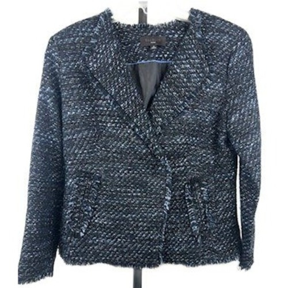Talbots Tweed Blazer Women's Size 2P Petite‎ Black Blue Metallic Fringe Jacket